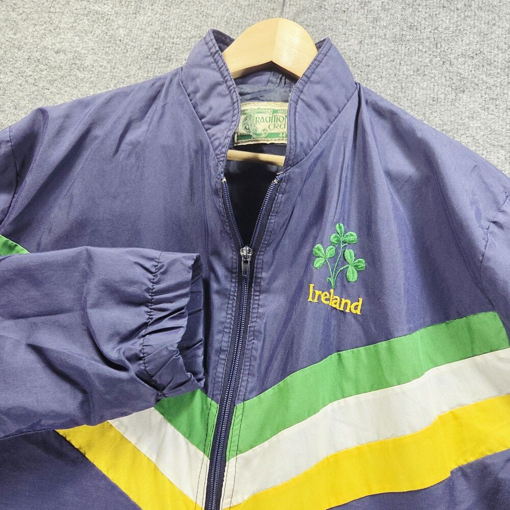 Vintage Traditional Craft Jacket Mens XL Blue Ireland Shamrock Windbreaker 80s